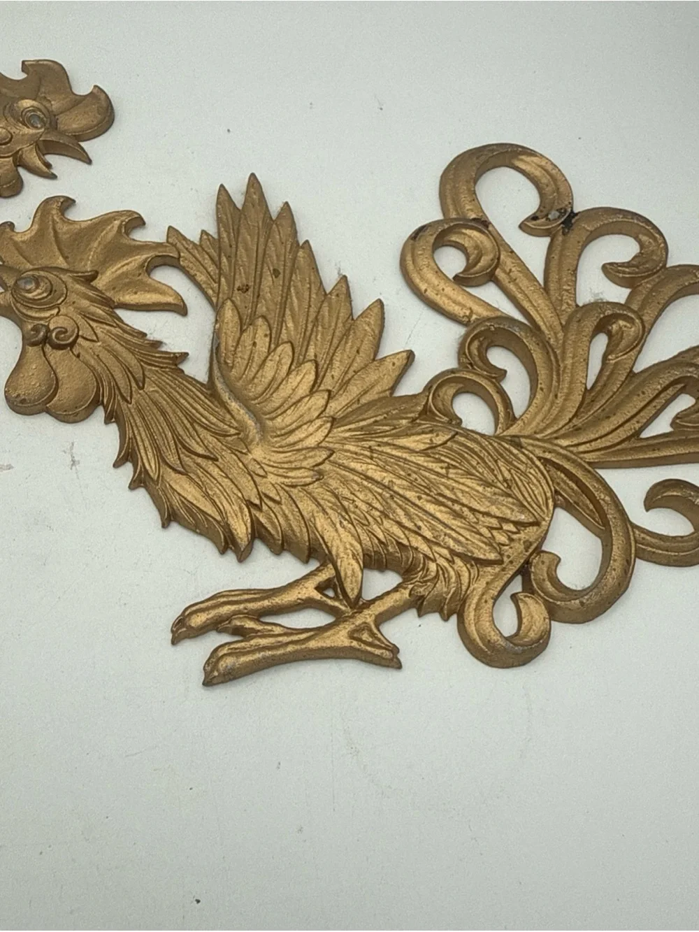 2 VTG Fighting Roosters  Gold Color Painted Cast Metal Wall Decor 9”  Farmhouse